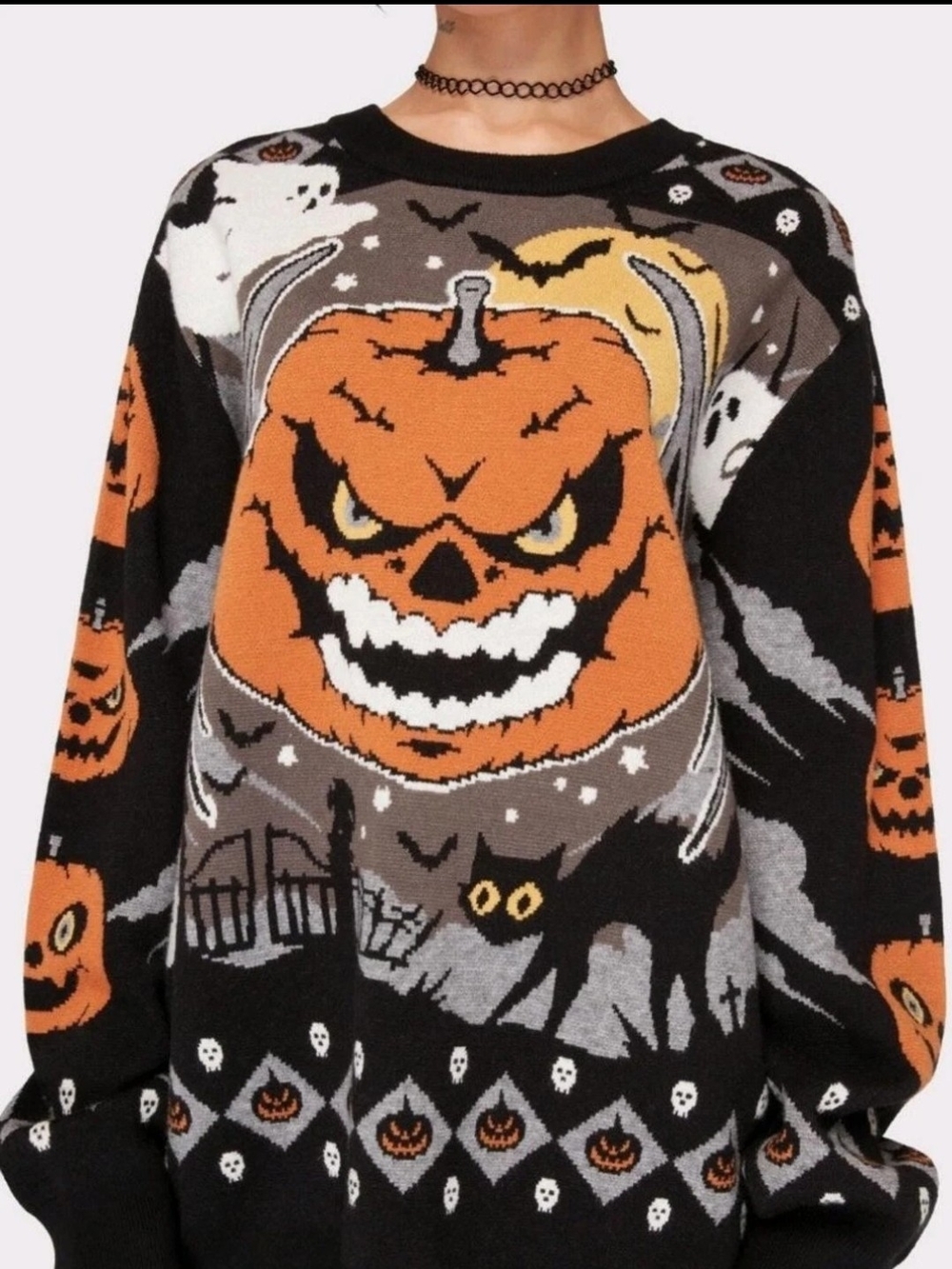 Halloween Pumpkin Graphic Knit Sweater - Black & Orange